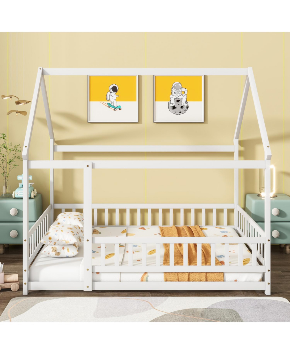 Streamdale Furniture Full Size House Floor Wooden Bed with Roof Frame, Safety Guardrails