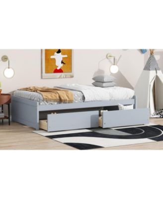 Twin Size Bed with 2 Drawers, Solid Rubber Wood Bed