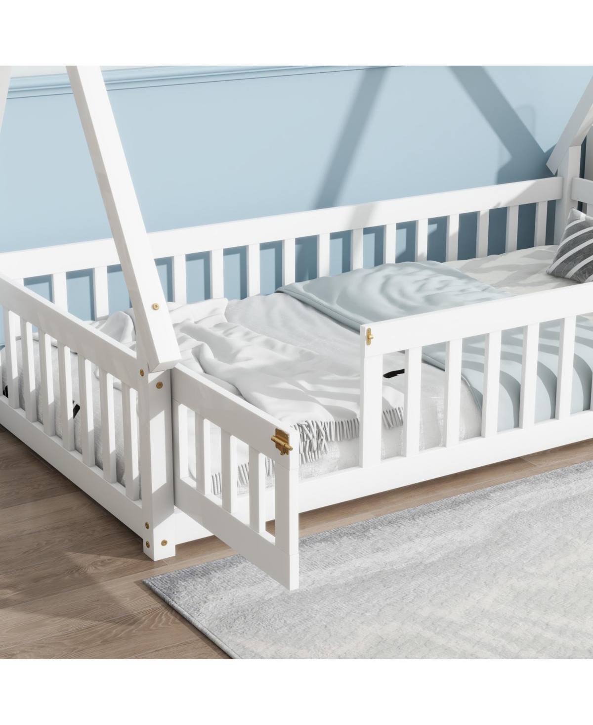 Streamdale Furniture Twin Tent-shaped Floor Bed,Teepee Bed with Guardrails,Slats and Door