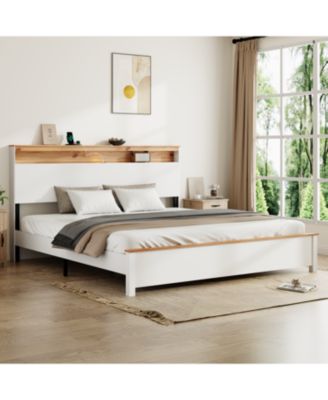 King Bed Frame with Built-In Charging Station in Rustic White