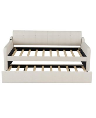 Twin Upholstered Daybed with Trundle & USB, Beige