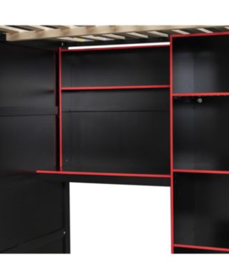 Full Size Wood Loft Bed with Desk Wardrobe Storage & RGB Lights Red