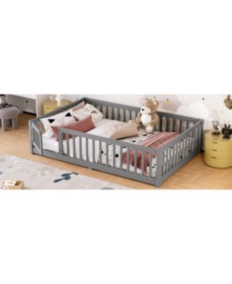  Full Size Floor Bed with Guardrails and Door for Kids Gray