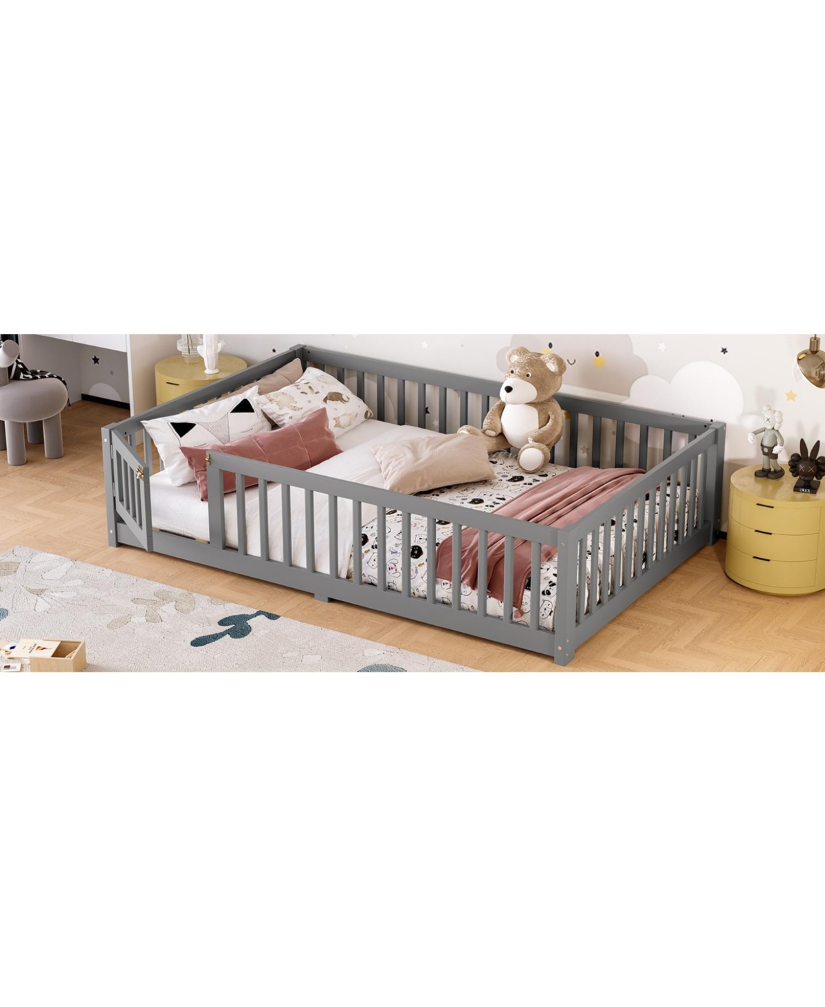 Streamdale Furniture Full Size Floor Bed with Guardrails and Door for Kids Gray