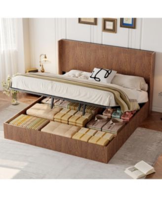 Large grooved undulating lift storage bed frame, rustic brown (King)