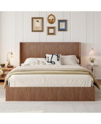 Large grooved undulating lift storage bed frame, rustic brown (King)