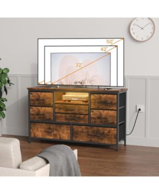 8-Drawer Dresser TV Stand with LED Lights & Charging Station, 55" Entertainment Center Storage, Rustic Brown