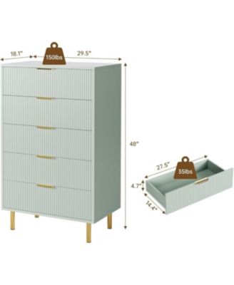 5-Drawer Modern Green Dresser, Wood Chest Organizer with Gold Handle, Tall Cabinet for Bedroom, Living Room, Entryway