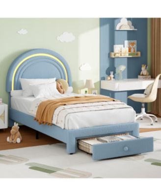 Twin LED Bed Frame Storage Drawer Rainbow Headboard Berber Fleece Princess Platform Bed for Kids Solid Wood Slat Support No Box Spring Easy