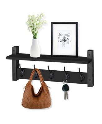 24 Inch Floating Wall Shelf with 5 Heavy Duty Hooks