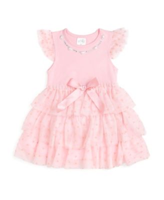 Baby Girls Flocked Heart Valentine's Day Tiered Short Sleeve Tutu Dress