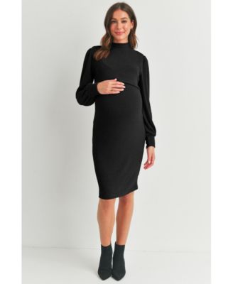 Maternity Double Layer Mock Neck Ribbed Nursing Dress