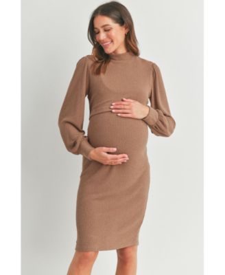 Maternity Double Layer Mock Neck Ribbed Nursing Dress