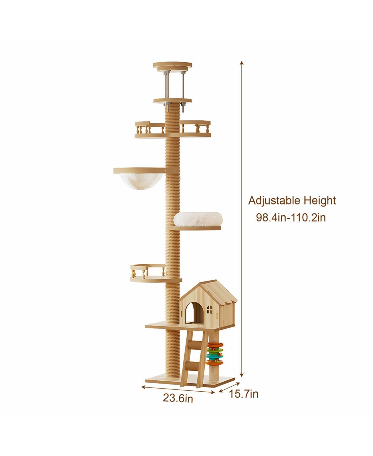 Aostirmotor Adjustable 98-110 Inch Cat Tree with Scratching Post, Wood Condo, & Hammock