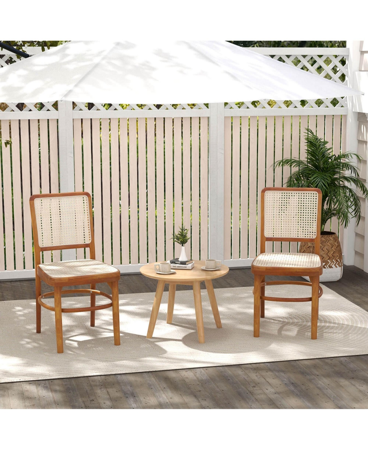 Costway Set of 2 Boho Dining Chairs with Teak Wood Structure & Footrests for Indoor Use