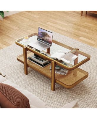2-Tier Rustic Coffee Table with Storage Tempered Glass Tabletop PE Rattan Shelf