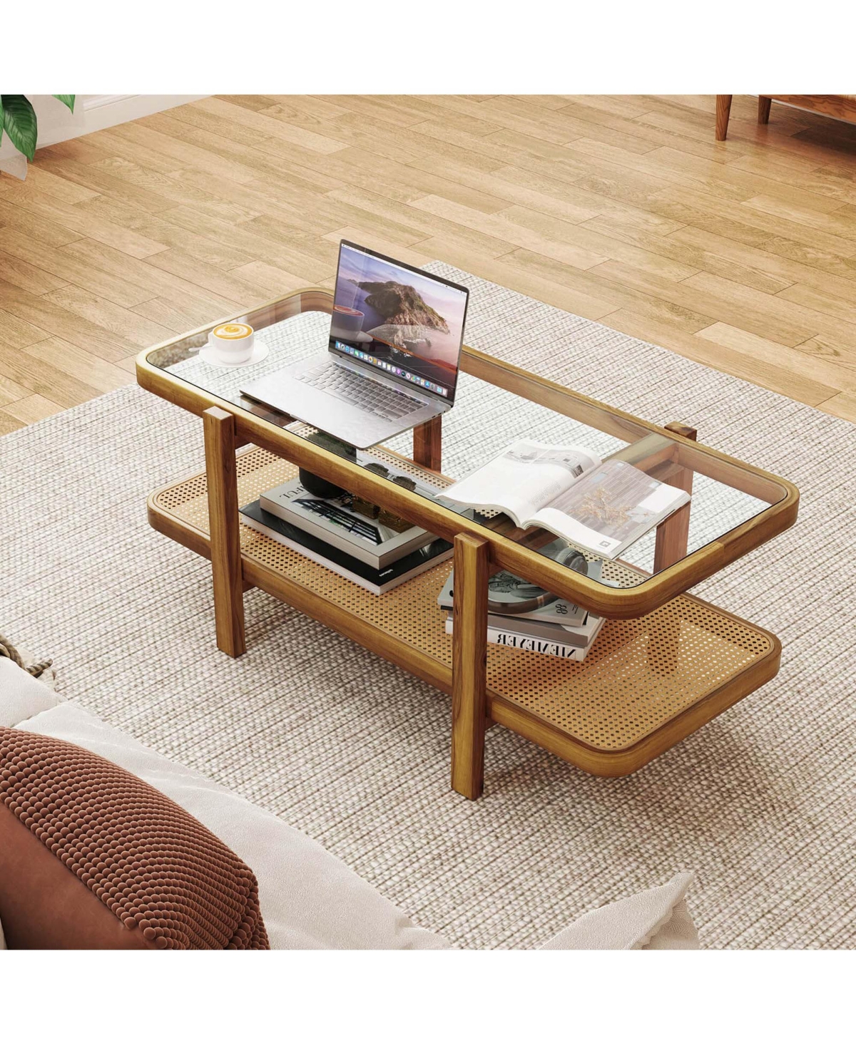 Costway 2-Tier Rustic Coffee Table with Storage Tempered Glass Tabletop Pe Rattan Shelf