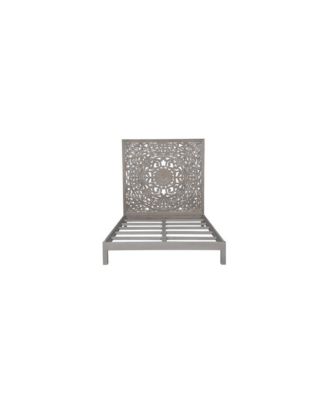 Mandala Hand Carved Motif Queen Bed, Gray