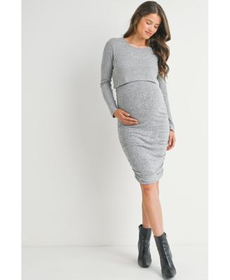 Maternity Long Sleeve Ribbed Side Ruched Nursing Dress