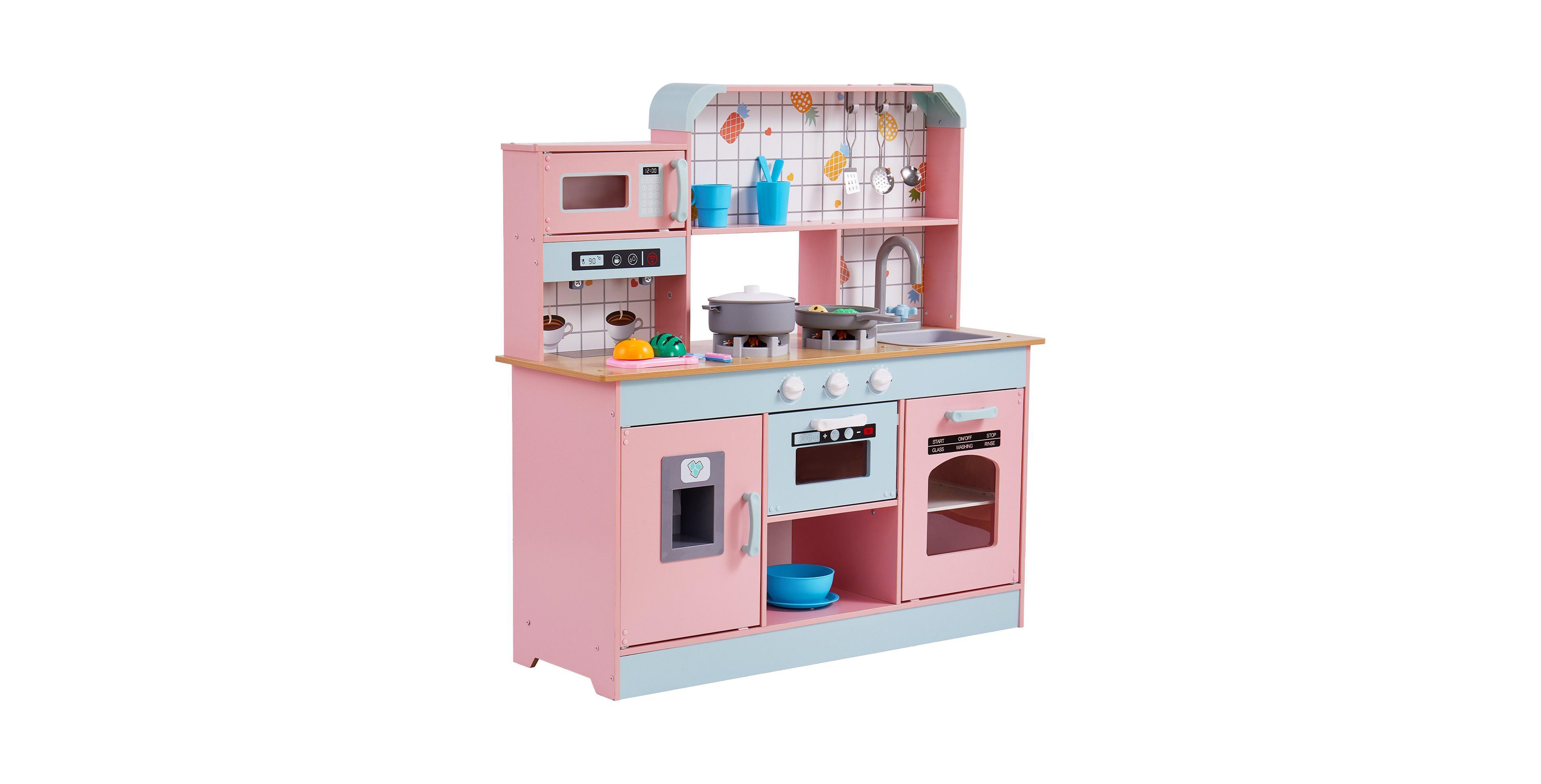 Sugift Wooden Play Kitchen Set with Electronic Sounds & Led Lights, Pink