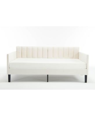 Elena Twin Size Beige Velvet Upholstered Daybed Ribbed Tufted Backrest Daybed in Lavish Modern Design Richly Hued Foam Comfort