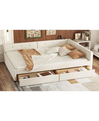 Full Size Upholstered Platform Bed with USB and 2 Drawers Beige