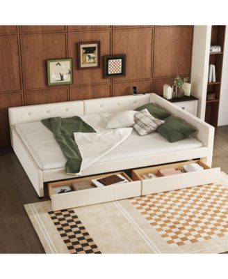 Queen Size Upholstered Platform Bed with USB and 2 Drawers Beige