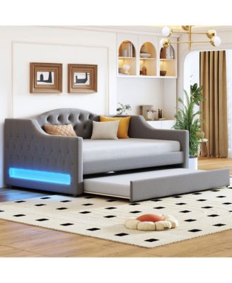 Upholstered Full XL Size Daybed with LED Belt and Trundle Gray