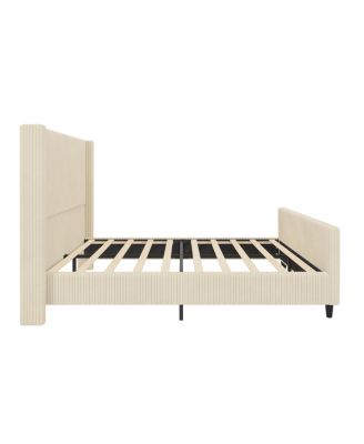 High Headboard Corduroy Upholstered Bed Frame with Vertical Stripe Wingback and High Footboard No Box Spring Needed Queen Size Cream