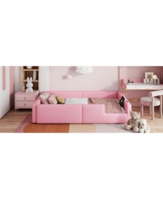 Twin Size Upholstered Platform Bed with Guardrail and Charging Station Pink