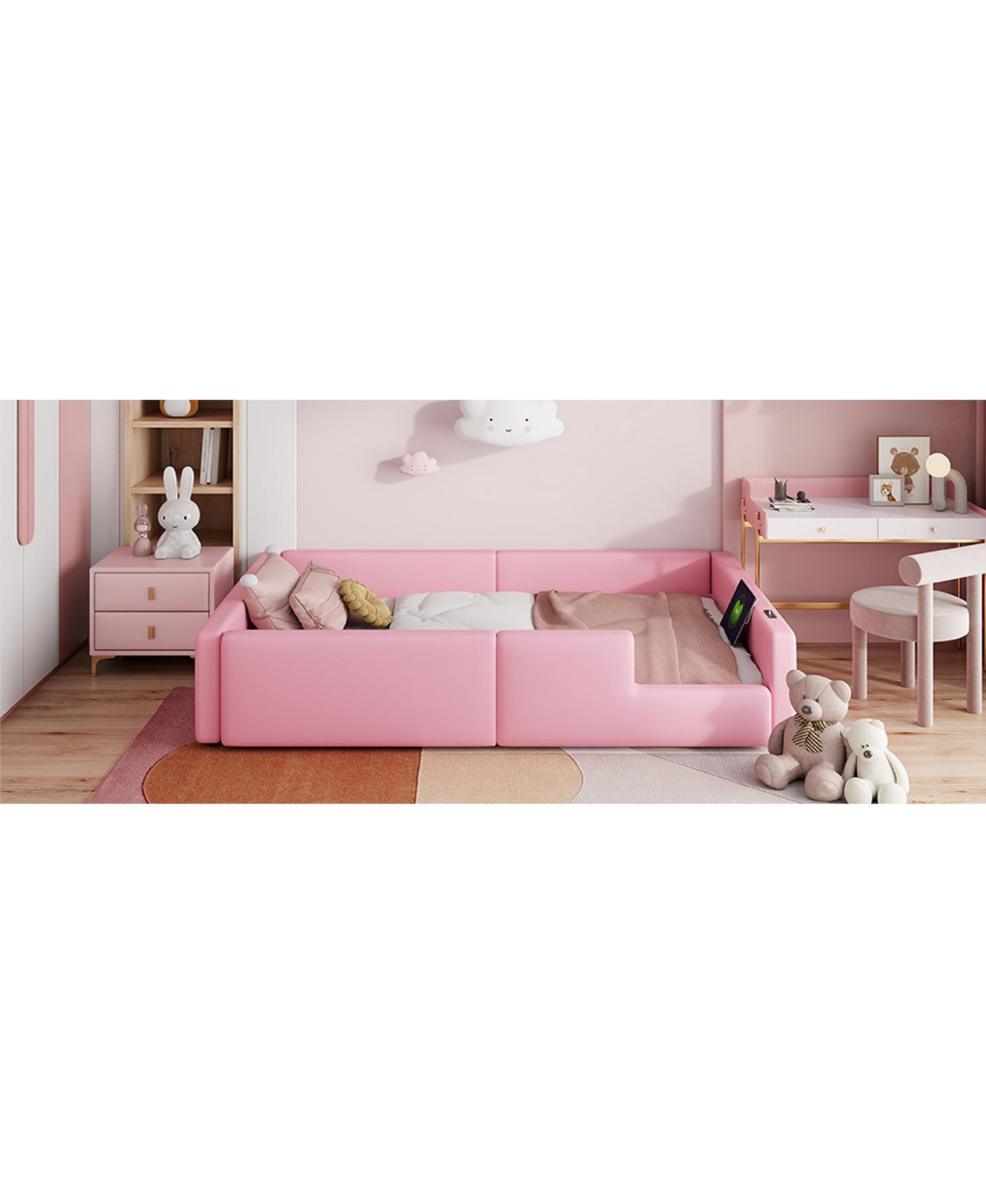 Lovmor Twin Size Upholstered Platform Bed with Guardrail and Charging Station Pink