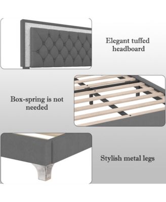 Queen Size Upholstered Bed Frame with LED Lights Modern Velvet Platform Bed with Tufted Headboard Gray
