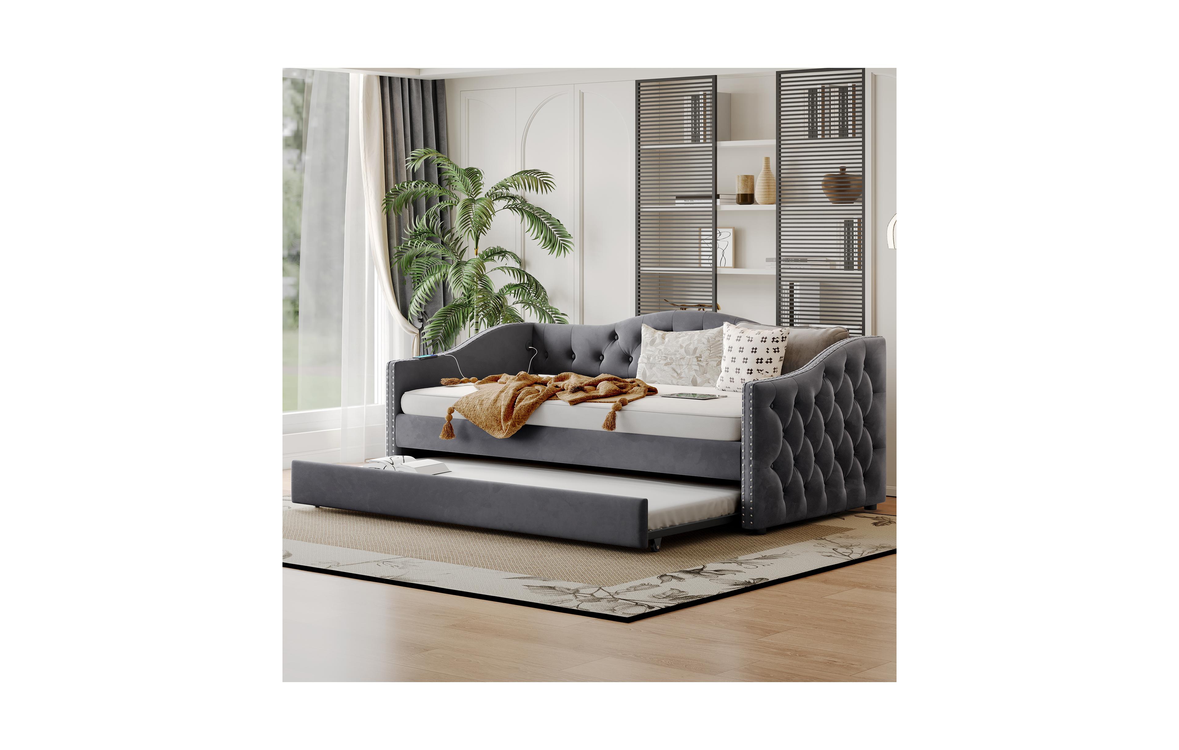 Lovmor Twin Size Upholstered Daybed with Trundle and Usb Charging Design Sturdy Wood Slat Support Wood Bed Frame Plush Velvet Fabric Gray