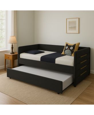 Modern Twin Size Daybed With Trundle Upholstered Black Velvet Sofa Bed Frame With Gold Accents Space-Saving Guest Bed