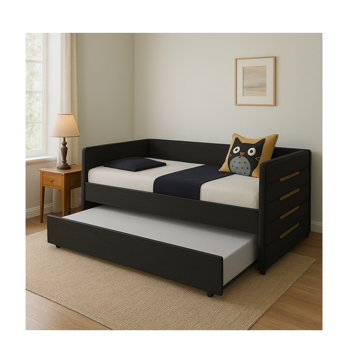 Lovmor Modern Twin Size Daybed With Trundle Upholstered Black Velvet Sofa Bed Frame With Gold Accents Space-Saving Guest Bed