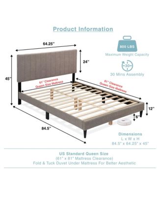 Gray Upholstered Queen Platform Bed Frame Tufted Channel Headboard Mid-Century Bedroom Furniture No Box Spring Required