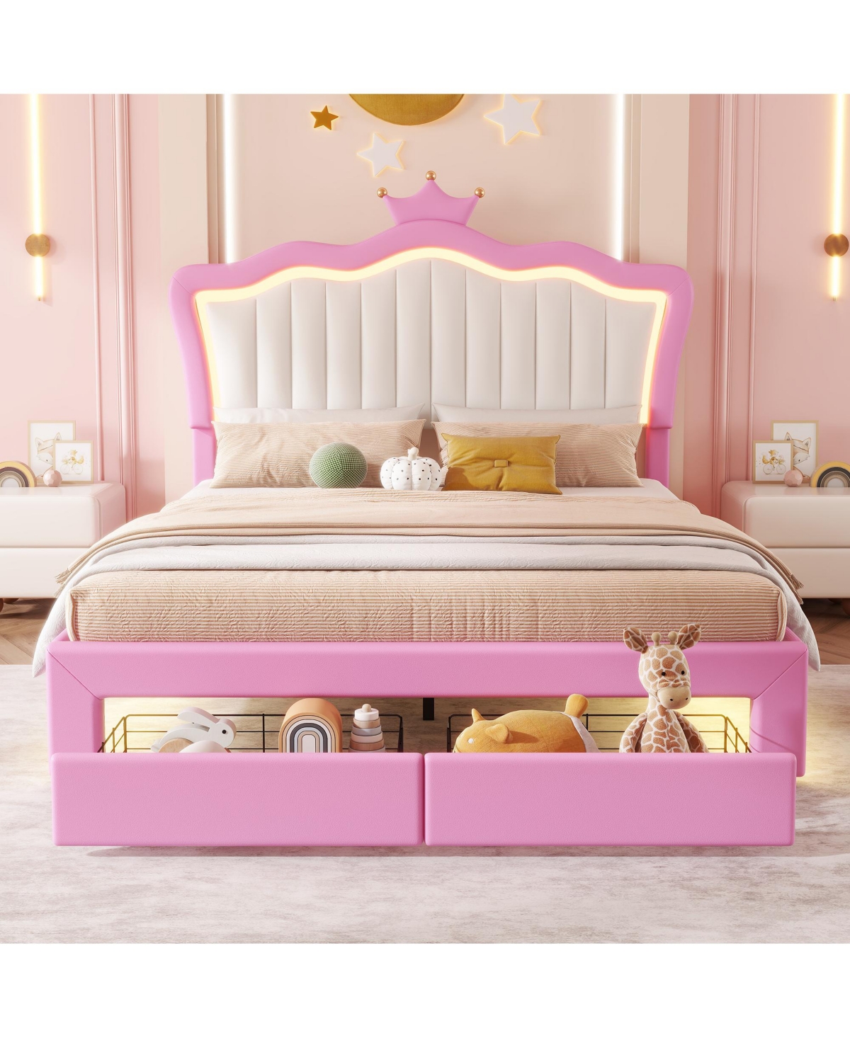 Lovmor Full Size Upholstered Bed Frame with Led Lights Modern Upholstered Princess Bed with Crown Headboard 2 Drawers Pink+White