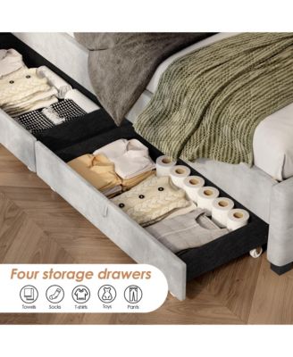 Queen Size Upholstered Platform Storage Bed Frame with 4 Drawers and LED Light No Box Spring Needed