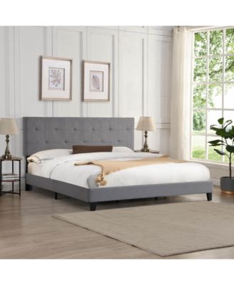 King Size Upholstered Platform Bed Frame with Button Tufted Linen Fabric Headboard No Box Spring Needed Wood Slat Support Easy Assembly Gray