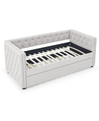 Daybed with Trundle Upholstered Tufted Sofa Bed with Button and Copper Nail on Square Arms both Twin Size Beige