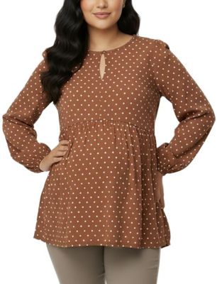 Women's Motherhood Long Sleeve Empire Waist Keyhole Woven Blouse