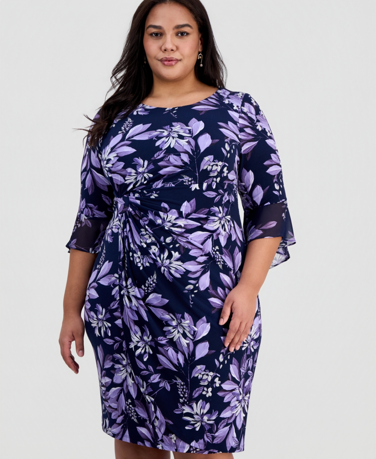 Connected Plus Floral Side-Ruched 3/4-Sleeve Dress