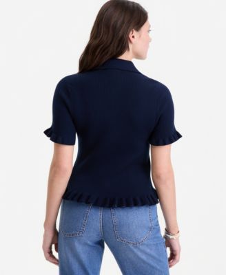 Women's Short-Sleeve Ruffle-Trim Collared Cardigan