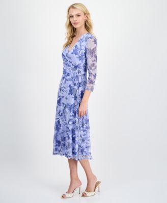Women's Floral Mesh-Sleeve Side-Tie Wrap Dress