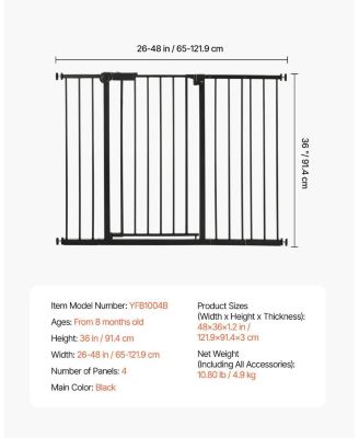 Adjustable Pressure-Mount Safety Gate, 26"-48" Wide, 36" High, Black