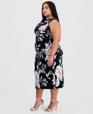 Plus Size Floral Draped-Neck Side-Tuck Dress