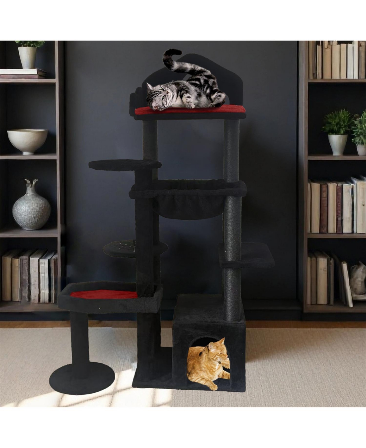 Aostirmotor 58'' Cat Tree with Scratching Posts, Perches, Hammock, and Cat Cave in Black