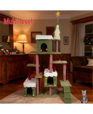 Festive Cat Tree with Star & Snow Designs, Multi-Level Play & Cozy Cabins