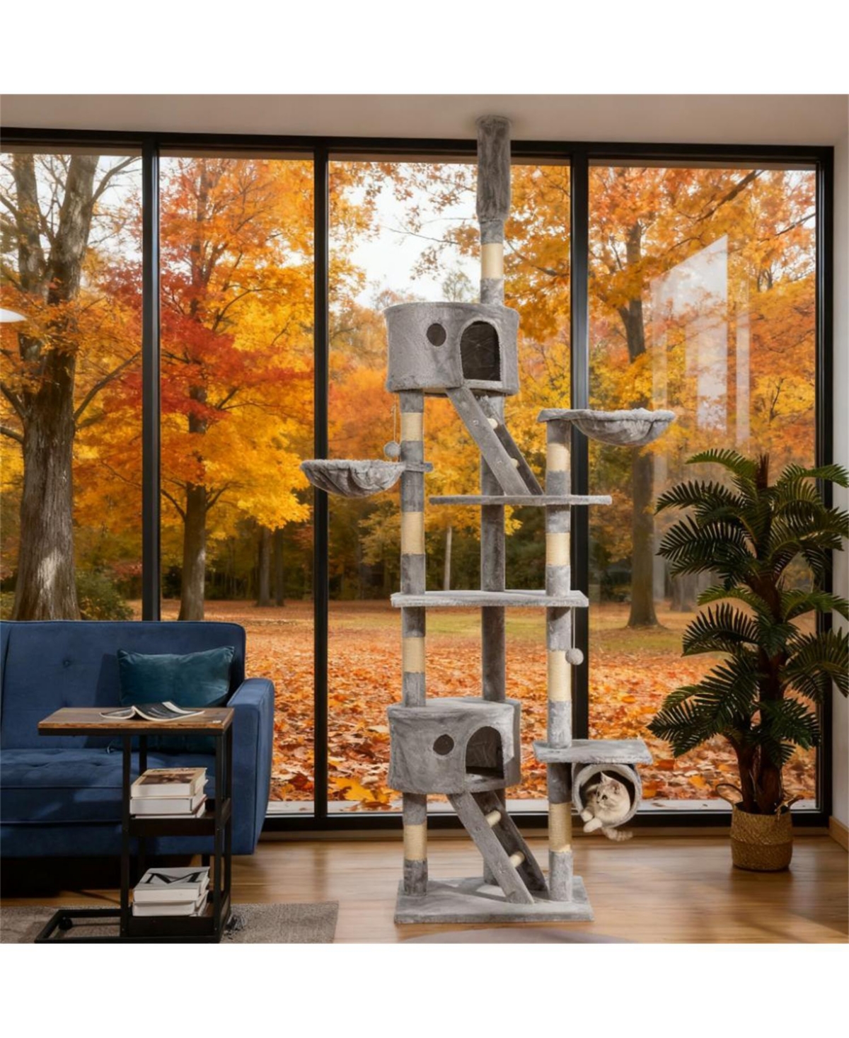 Aostirmotor Floor-to-Ceiling Cat Tree with Condos, Hammocks & Toys, Adjustable up to 102"