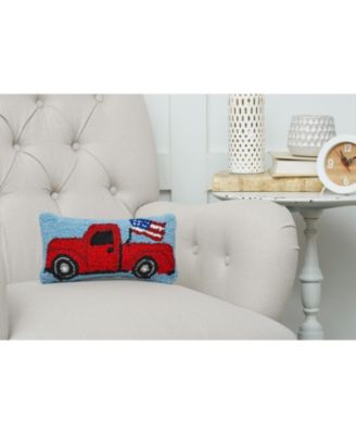 Patriotic Retro Red Pickup Truck w/ Waving American Flag Hooked Small/Petite Accent Pillow